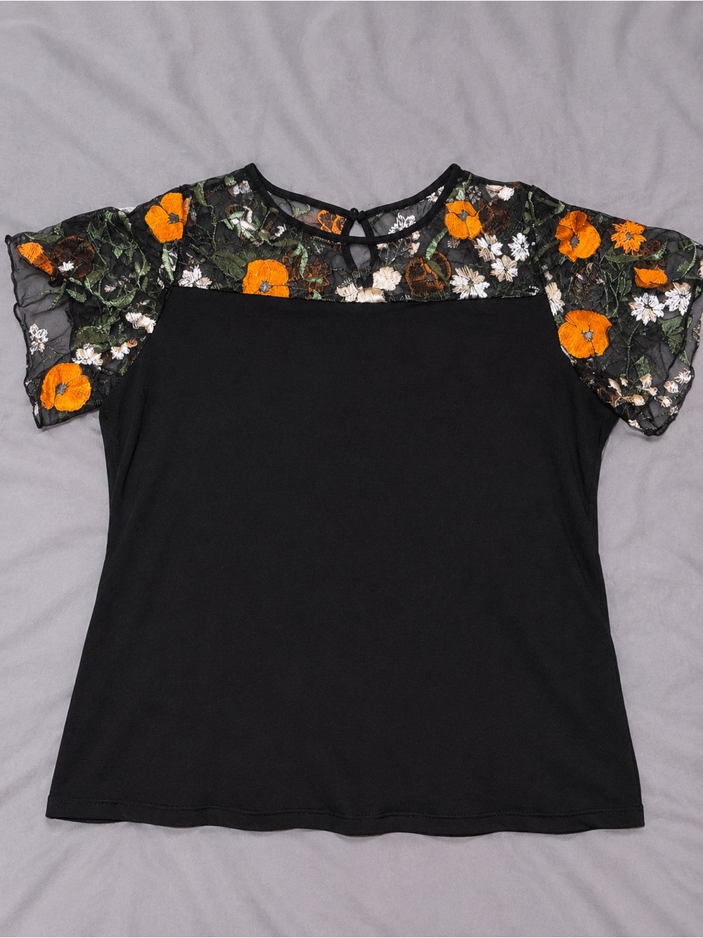 Black Floral Sheer Embroidered Sleeves Patchwork Blouse